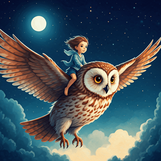 A child riding a friendly owl through a starry night sky